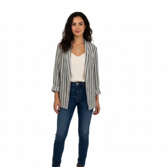 Sanctuary Striped Linen Blend Open Front Blazer Sz M Lightweight Business Casual - Picture 1 of 11